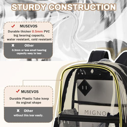 MUSEVOS Clear Backpack, Heavy Duty See Through Book Bag for Work, Security, Concerts, College Transparent PVC bookback Stadium Approved,Black(Semi-transparent) - color: Black