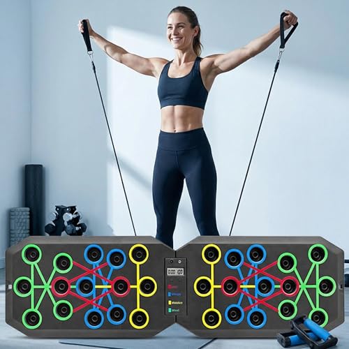 Push Up Board Fitness, BESUNTEK Foldable Multi-Function Exercise Board with Elastic Cord for Total Body Workouts, Portable Push Up Board for Floor
