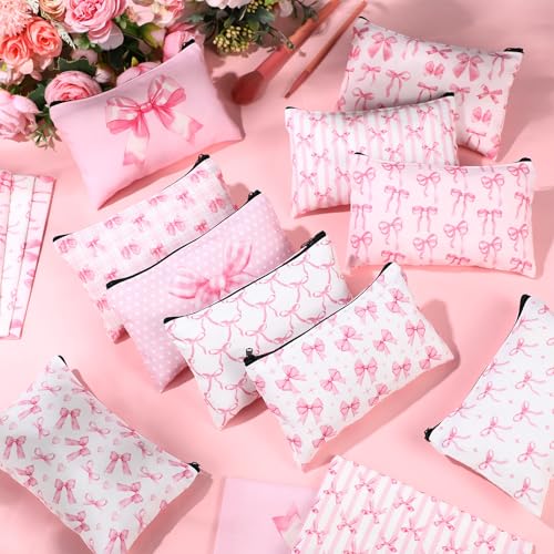 Reginary 20 Pcs Makeup Bags Gifts for Women Canvas Cosmetic Bags with Zipper Bulk Gift for Women Travel Purse Organizer Pouch Accessory, Toiletry Large Capacity, 7 x 4.3 Inch(Pink Bow) - style: Pink Bow