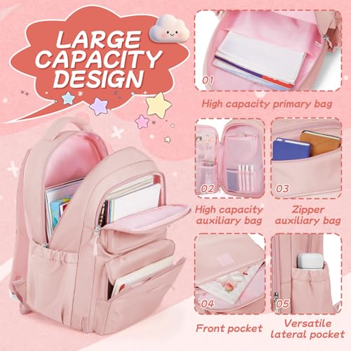 Cute Backpack For School Teens Girls, Aesthetic Kids Elementary School Backpacks, Waterproof Middle Students Bookbag, Large Capacity Backpack For College Women Men (Pink) - color: Pink