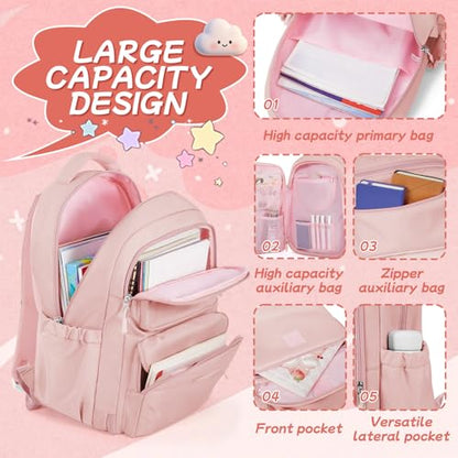 Cute Backpack For School Teens Girls, Aesthetic Kids Elementary School Backpacks, Waterproof Middle Students Bookbag, Large Capacity Backpack For College Women Men (Pink) - color: Pink