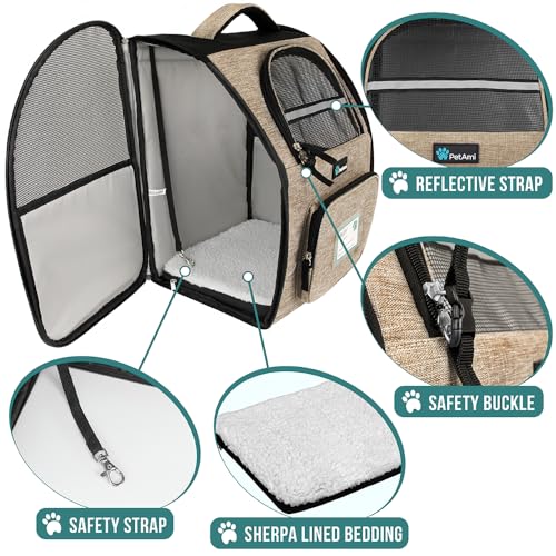 PetAmi Dog Backpack Carrier for Small Medium Dogs Large Cats up to 18 lbs, 2 Side Entry, Structured No-Collapse Frame, Airline Approved Ventilated Pet Backpack for Hiking Camping Travel Vet, Taupe - color: Heather Taupe