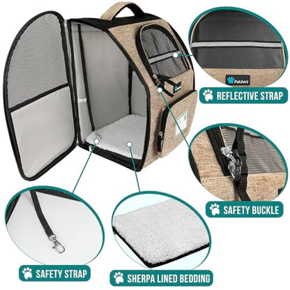 PetAmi Dog Backpack Carrier for Small Medium Dogs Large Cats up to 18 lbs, 2 Side Entry, Structured No-Collapse Frame, Airline Approved Ventilated Pet Backpack for Hiking Camping Travel Vet, Taupe - color: Heather Taupe