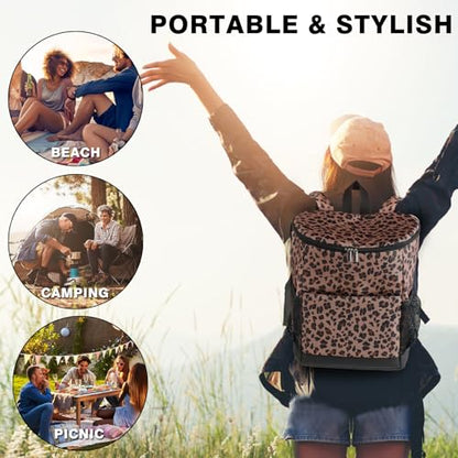 Wolka Cooler Backpack 30 Cans,Portable Backpack Coolers Insulated Leak Proof,Waterproof Soft Sided Cooler Bag for Travel,Beach,Camping,Picnic,Lunch Backpack for Women (Brown Leopard) - color: Brown Leopard