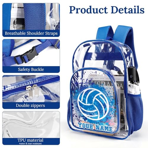 Custom Volleyball Clear Backpack Heavy Duty for Girls Kids Boys | Large Cool PVC Volleyball Theme Printing Transparent Backpacks for Schools Stadium Concerts Work - Clear/Blue - color: Volleyball Clear Backpack 2 Blue With Front Pocket Custom