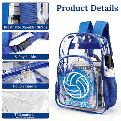 Custom Volleyball Clear Backpack Heavy Duty for Girls Kids Boys | Large Cool PVC Volleyball Theme Printing Transparent Backpacks for Schools Stadium Concerts Work - Clear/Blue - color: Volleyball Clear Backpack 2 Blue With Front Pocket Custom
