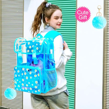 3Pcs Clear Backpack for Girls, School Kids Transparent Bookbag Set, 17" Daisy Stadium Approved See Through Backpack with Lunch Box (Blue) - color: Blue Daisy01