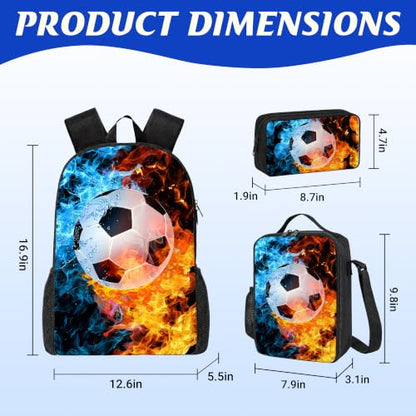 Soccer Backpack Set for School,17 Inch Casual School Bags with Lunch Box, Kids Daypack Bags and Pencil Case Set for Teens Boys Men Students - color: Ice&fire-soccer