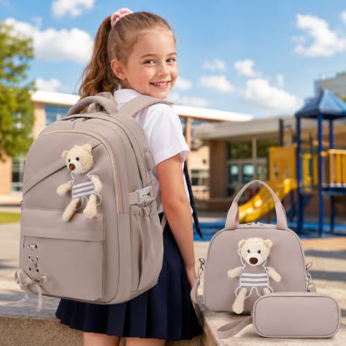 ACESAK School Backpack for Girls - 3 PCS Cute Girls Backpack with Lunch Box & Pencil Case - Kawaii Casual Kids Bookbag School Bag Daypacks Set for Elementary Middle High School Student Teens (Khaki) - color: Khaki
