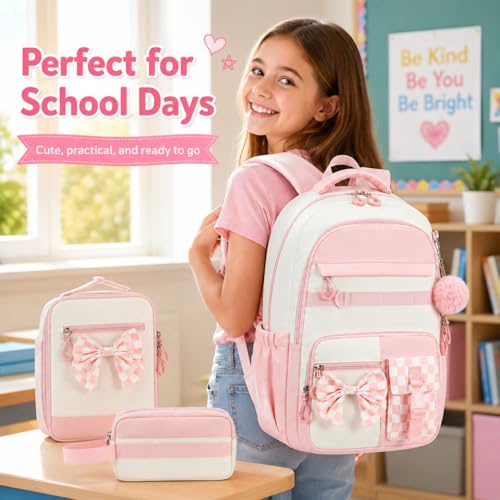 CAMTOP Girls Backpack with Lunch Box & Pencil Case Set, School Backpack for Girls with Large Water Bottle Holder Straps, Waterproof Kids Backpack, Cute Bookbag for Elementary School & Travel - color: Pink White