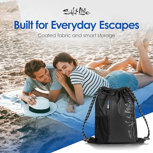 Salt Life Drawstring Backpack for Men and Women - Small Draw String Cinch Gym Bag with Water Bottle Pocket and Zipper Pocket - color: Black