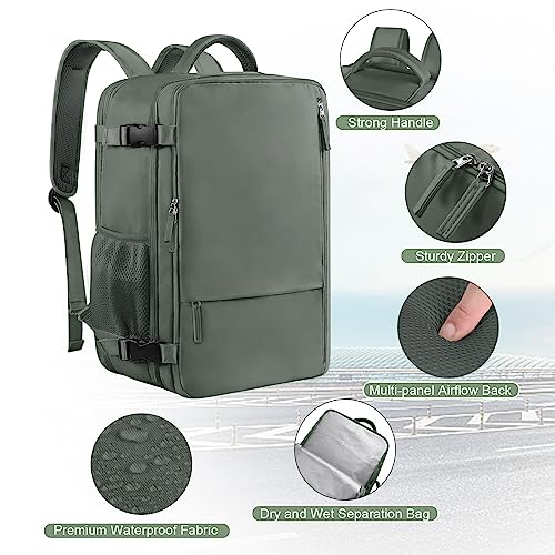 Sinaliy Large Expandable Travel Backpack for Men and Women, 17 Inch Laptop, Waterproof, Casual, College Bookbag, Backpack for Women, as Person Item Flight Approved - color: Olive Green