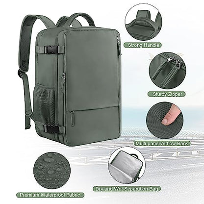 Sinaliy Large Expandable Travel Backpack for Men and Women, 17 Inch Laptop, Waterproof, Casual, College Bookbag, Backpack for Women, as Person Item Flight Approved - color: Olive Green