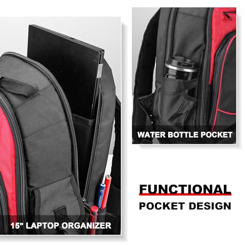 HAUTMEC Heavy-Duty Tool Backpack with Molded Waterproof Base, 1680D Tool Bag with Laptop Compartment, 22 Pockets, Padded Straps & Breathable Back Panel – HT0285