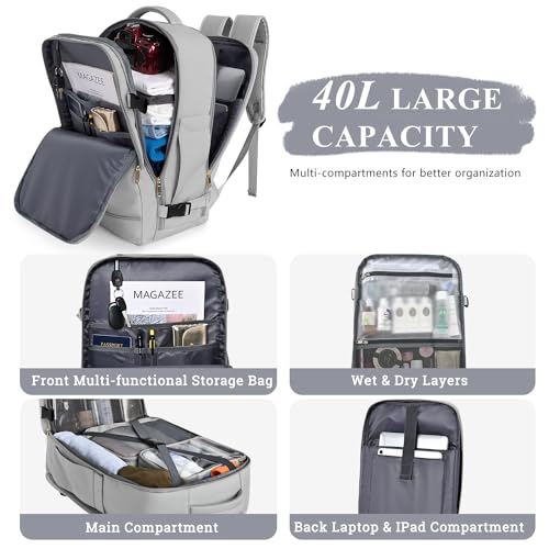 Sinaliy Travel Backpack, 40L 17 inch Laptop Travel Backpack Carry on Flight Approved, Personal Item Travel Bag, Waterproof Backpack for College, Business, Weekend, Work, Gray - color: Gray