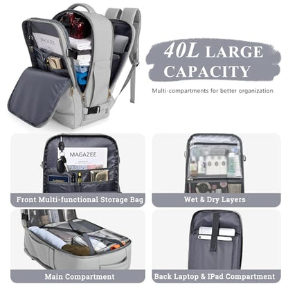 Sinaliy Travel Backpack, 40L 17 inch Laptop Travel Backpack Carry on Flight Approved, Personal Item Travel Bag, Waterproof Backpack for College, Business, Weekend, Work, Gray - color: Gray