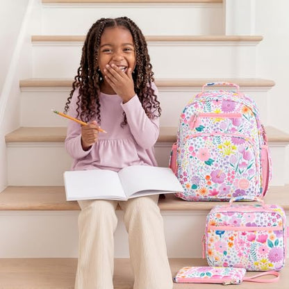 mibasies Girls Backpack with Lunch Box: 3PCS Kids Backpack Set for Kindergarten Elementary - 15 IN Cute Bookbag - Flower Pink - color: Flower Pink