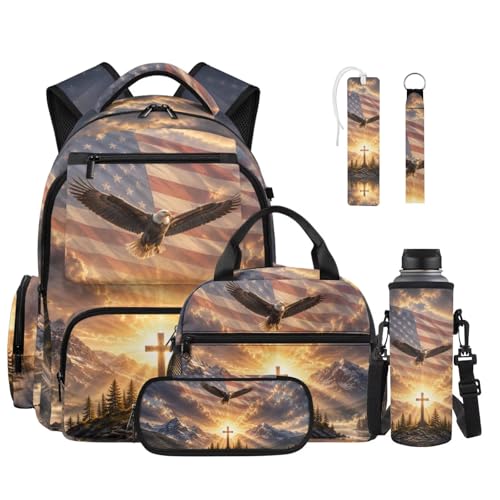 Talayituse Eagle Cross American Flag Print 6-Piece School Backpack Set for Boys & Girls –4th of July Lunch Box, Pencil Case, Water Bottle Holder, Bookmark & Keychain, Back to School Bookbag - color: Eagle Cross American Flag