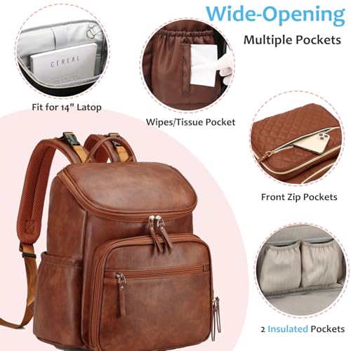 LORADI Lightweight Diaper Bag Backpack, Baby Shower Gifts, Brown | Stroller Clips, Insulated Pockets, Water-resistant, Easy to Clean, Durable - color: Brown