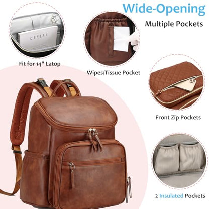 LORADI Lightweight Diaper Bag Backpack, Baby Shower Gifts, Brown | Stroller Clips, Insulated Pockets, Water-resistant, Easy to Clean, Durable - color: Brown