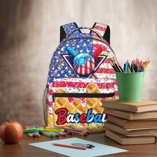 Baseball Ice Cream Drip School Backpack for Kids Boys American Flag Sports Ball Backpack for Kids Children Teens Elementary Middle School Baseball Theme Bookbag Travel Back Pack - color: Ice Cream Baseball