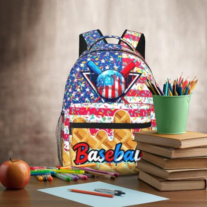 Baseball Ice Cream Drip School Backpack for Kids Boys American Flag Sports Ball Backpack for Kids Children Teens Elementary Middle School Baseball Theme Bookbag Travel Back Pack - color: Ice Cream Baseball