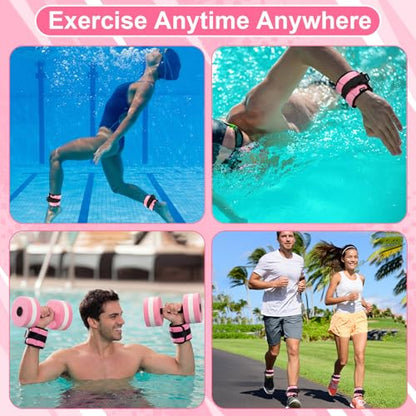 Hollowfly Water Aerobics Set, 4 Piece Pool Exercise Kit (2 Aquatic Dumbbells + 2 Ankle/wrist Weights), EVA Foam, Low-impact Workout - color: Pink, size: 1lb