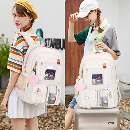 Backpack for Girls with Accessories Laptop Bookbags 16 Inch Kawaii Kids Elementary Middle High School Bag College Travel Daypack Gifts for Teens Women Students (Off-white) - color: Off-white