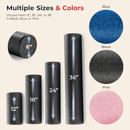 Sunny Health & Fitness High-Density Foam Roller 12" to 36", for Stretching & Muscle Recovery – Black, Blue, Pink - color: Black, size: 12-Inch