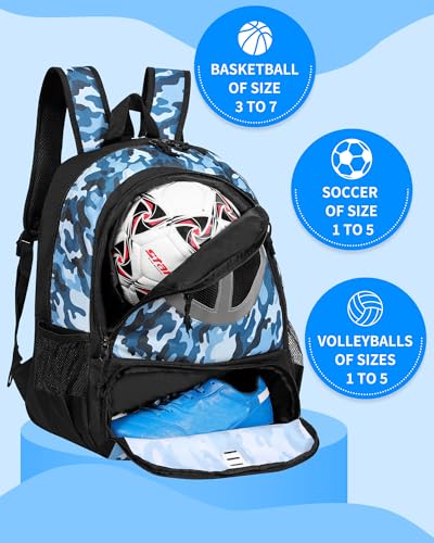 Basketball Bag Backpack for Men Women with Ball & Shoes Compartment 30L Capacity Lightweight Breathable Boys Girls Soccer Ball Bag Backpack Fit Volleyball Football Sports Travel School Gym - color: TK8BlueCamo