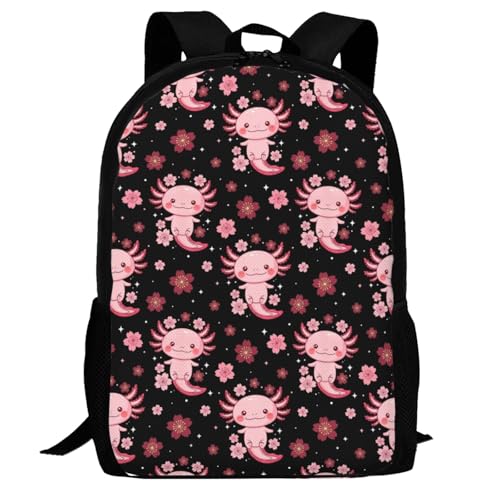 Eco Polyester Backpack Cherry Flower Blossom Cute Axolotl, Ergonomic Straps, Fits Tablet, for Work or Hiking - color: Design (407)