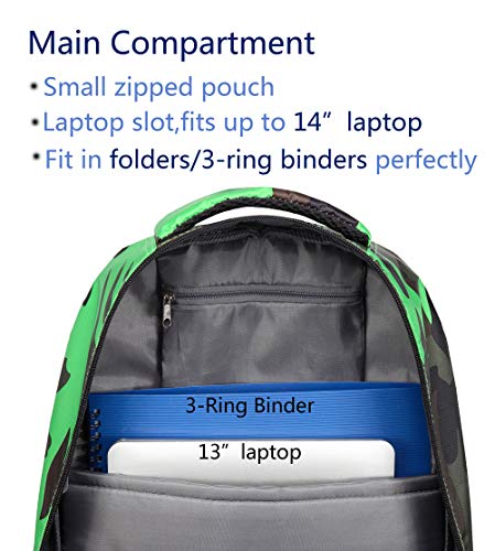 BLUEFAIRY Kids Backpacks for Boys Girls 17 Inch Elementary Primary Middle School Bookbags with Laptop Compartment Back to School Bags for Childs Age 6-8 Mochilas Escolares para Niños Niñas Camo Green - color: Black/Green