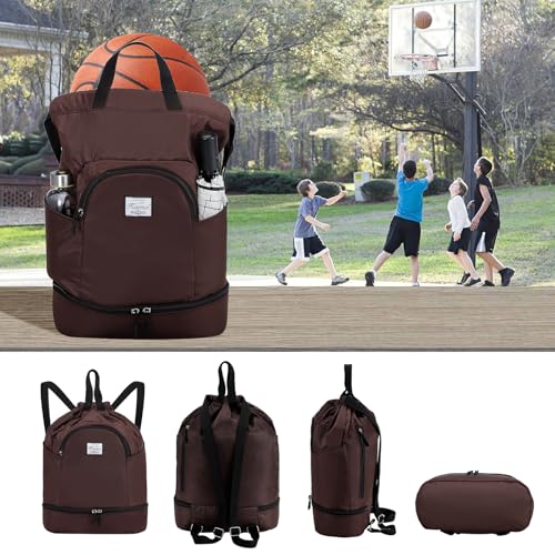 Kamo Drawstring Backpack Bag - Sport Swimming Yoga Backpack with Shoe Compartment, Two Water Bottle Holder for Men Women Large String Backpack Athletic Sackpack for Travel - color: Dark Brown