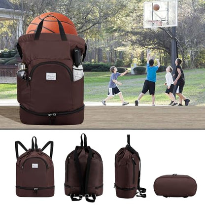 Kamo Drawstring Backpack Bag - Sport Swimming Yoga Backpack with Shoe Compartment, Two Water Bottle Holder for Men Women Large String Backpack Athletic Sackpack for Travel - color: Dark Brown