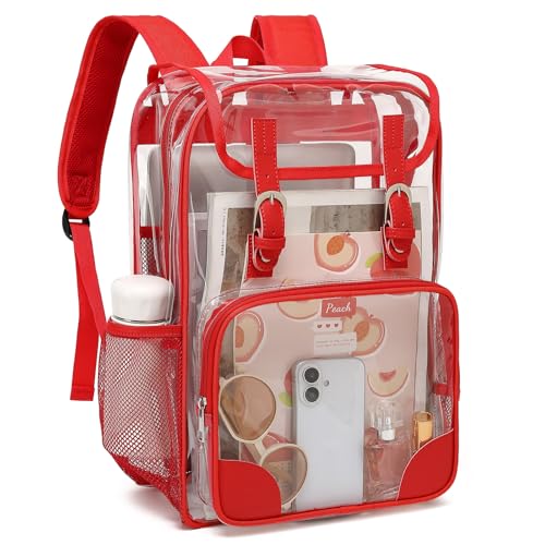 Fuyicat Clear Backpack Heavy Duty PVC Transparent Girls Kids School Backpacks Stadium Approved See Through College Bookbag for Women (Red) - color: Red