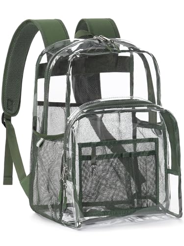 Clear Backpack Heavy Duty, 17 Inch Large TPU Clear Bookbag for Boys Girls Adult, See Through Book Bag Transparent Backpacks with Multiple Pockets for School College Work Casual, Olive Green - color: Olive Green, size: Medium