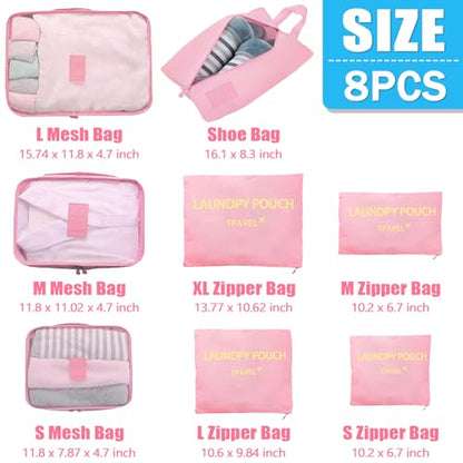 8 Set Packing Cubes for Travel Luggage Packing Bags Reusable Waterproof Suitcase Organizer Cubes Set with Shoe Bag and Toiletry Bag (Pink) - color: Pink