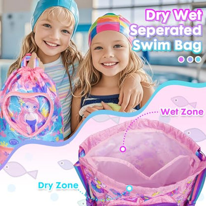 Drawstring Backpack for Kids Girls, Cute Cartoon Mermaid Waterproof Drawstring Bag String Swim Gym Sports Beach Bag with Shoes Compartment and Wet Proof Pocket - color: J07. Mermaid