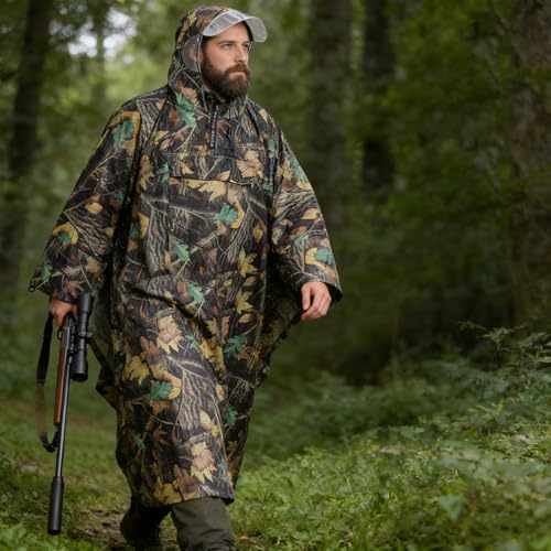 Andake Waterproof Rain Poncho for Adults Unisex,230T Ripstop Polyester,Raincoat Gear with Transparent Viewing Window Outdoors - color: Camo