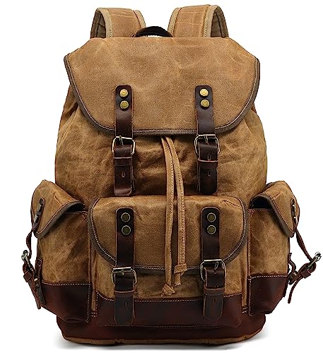 HuaChen Vintage Wax-Coated Canvas & Leather Backpack: Spacious Durable Rucksack for Men & Women, Perfect for Travel, Hiking, and College Life - M86 Khaki with Dark Brown - color: Khaki With Dark Brown