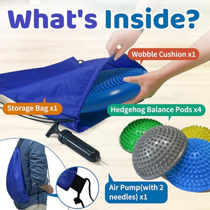 Wobble Cushion Set for Sensory Kids and Balance Training - Disc Plus 4 Pods, Board With Pump, Inflatable Stepping Pads for Adults - color: Blue