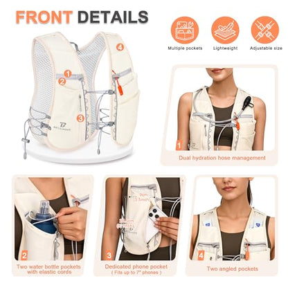 BECOJADDE 5L Running Vest for Women, Hydration Backpack Lightweight & Breathable for Trail Running, Marathon, Hiking, Cycling - color: Beige