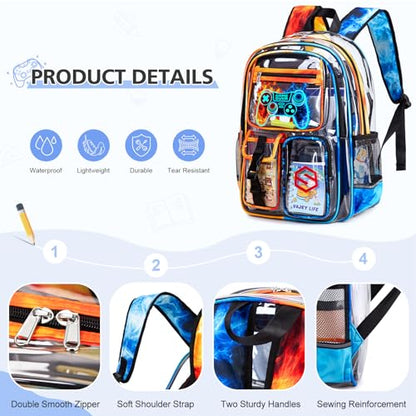 DIGOBAY 3PCS Cool Luminous Clear Backpack for Boys Kids, Gamer Clear Bookbag for School, See Through PVC Transparent Backpacks with Lunch Bag Pencil Case, Backpack Heavy Duty for School Stadium - color: Red-blue Flame