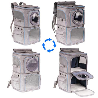2-in-1 Pet Carrier Backpack for Two Cats or One Dog, Double-Layer 2 Compartment Carry Bag to Transport Small Animals Traveling and Hiking, Space Capsule Clear Bubble Dome - color: Grey