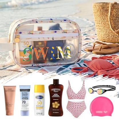COSHAYSOO Clear SWIM Bag Swimming Pool Accessories Cute Swimmer Team Gifts for Women Teen Girls Bikini Swimsuit Goggle Cap Sunscreen Makeup Storage, Waterproof Beach Vacation Summer Travel Essentials - color: Beige SWIM