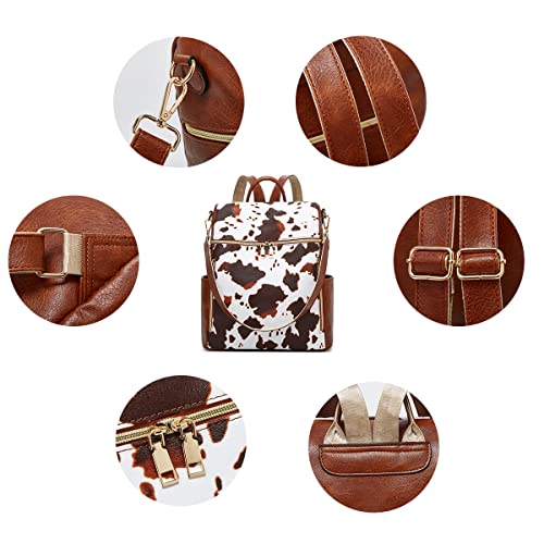 Makes Backpack Purse for Women PU Leather Travel Satchel Handbag Convertible Design Bag with Purse 2 Piece - color: Cow Brown Pattern