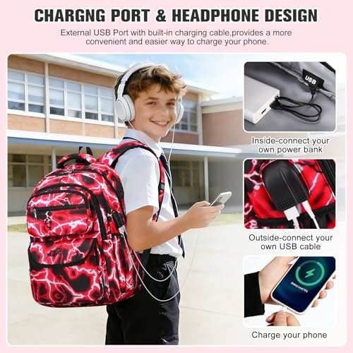 Bevalsa Backpack for Boys, Lightning School Bags with Lunch Bag & Pen Case for Kids, Bookbag for Boys Teens Elementary Middle High School - color: Red
