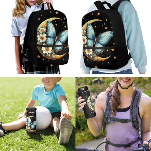 ZOUTAIRONG Backpack for School Lightweight Small Thermos School Bags for Boys Girls 7-10/10-12/12-16, Blue Butterfly Moon Flower Large Capacity Casual Backpack with Side Pockets - color: Blue Butterfly Moon Flower