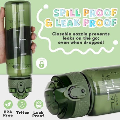 OLDLEY 17oz Kids Water Bottle, Tritan BPA-Free, Leakproof Flip Straw Lid, Motivational Time Marker, Carry Strap, Reusable Clear Water Bottle for Boys & Girls,Jade - color: Jade, style: 17 Ounces