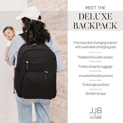 JJB by JuJuBe - New Deluxe Diaper Bag Backpack with Portable Changing Pad, Stroller Straps, Large Travel Backpack for Boy or Girl, Carrying Baby Bottles, Diapers, Pacifiers, Grey, Mother's Day Gift - color: Black